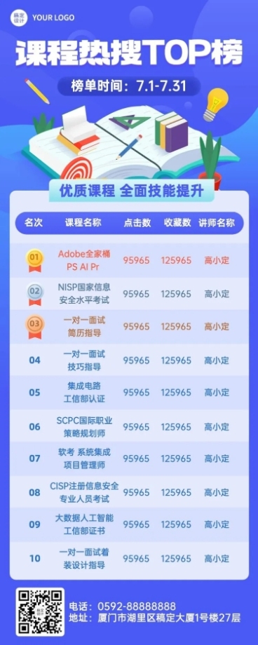 教育培训课程排行榜插画长图海报预览效果