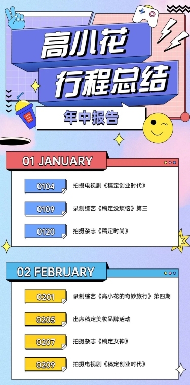 扁平插画明星行程总结长图