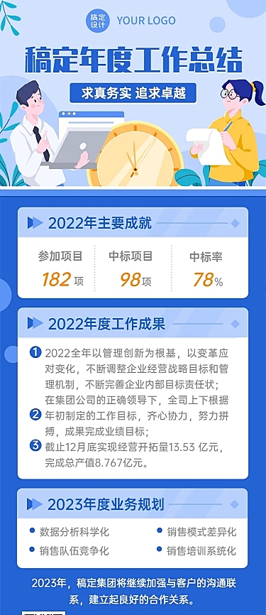 企业商务年度工作工作总结插画长图海报