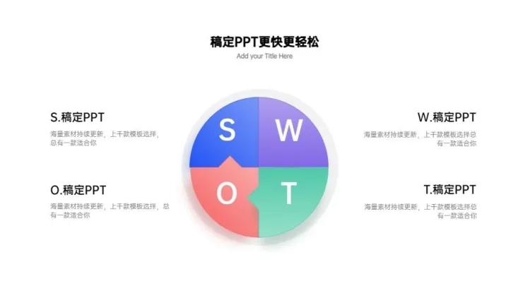 并列关系4项SWOT蓝色PPT图文页预览效果