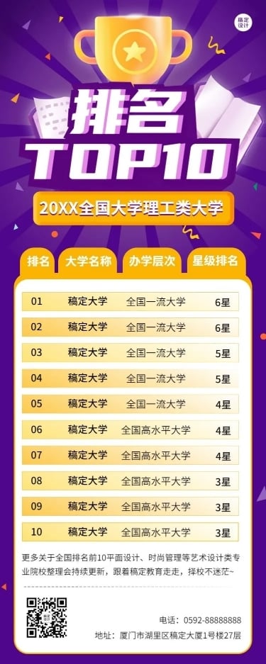 教育培训名校排行榜插画长图海报