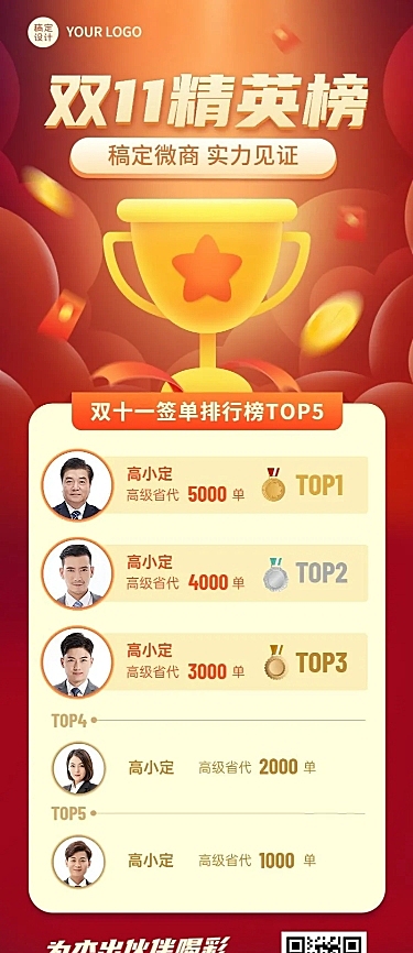 双十一签单销售排行榜表彰喜报长图海报