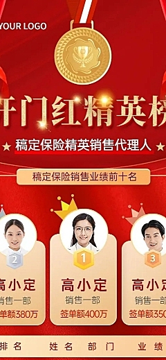 金融保险开门红销售代理人表彰排行榜喜报喜庆长图海报