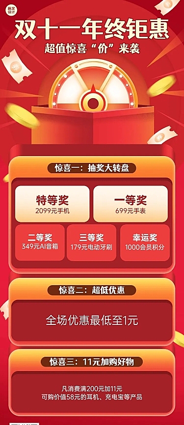 双11促销活动抽奖长图海报