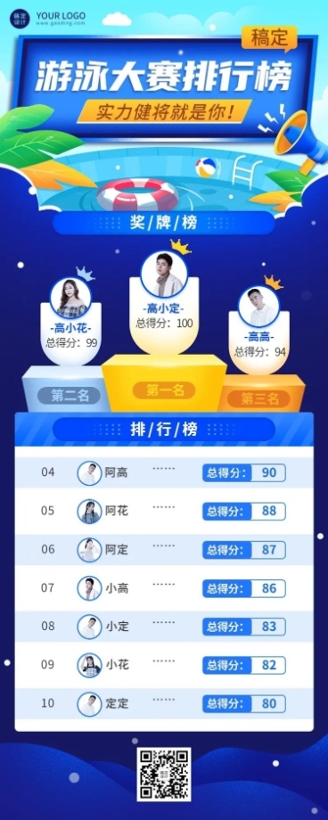 游泳运动比赛排行榜长图预览效果