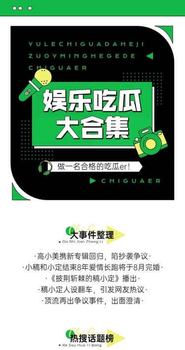 扁平插画风娱乐吃瓜总结长图