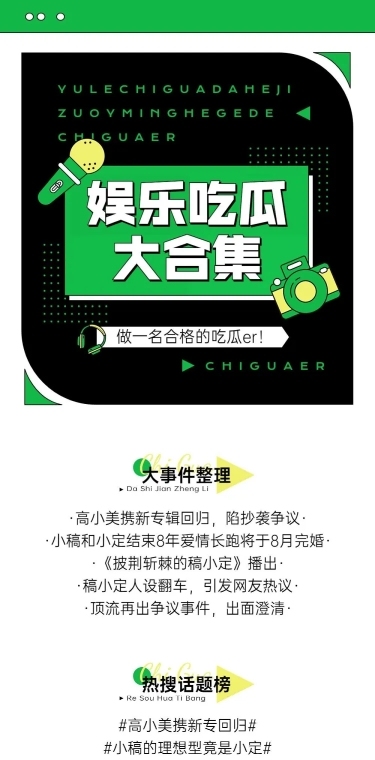 扁平插画风娱乐吃瓜总结长图