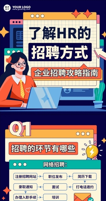 企业人事招聘攻略手绘风格文章长图-