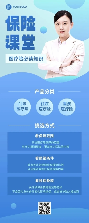 金融医疗保险知识科普资讯简约长图海报