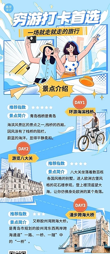 旅游出行推荐路线手绘风长图海报
