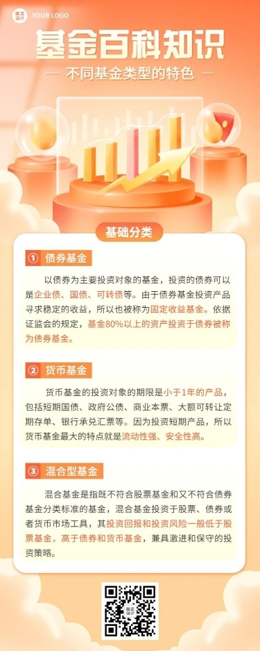 金融证券基金种类知识科普解读轻拟物风长图海报