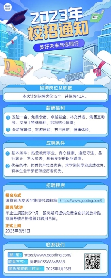 企业商务校园招聘通知线描插画长图海报预览效果