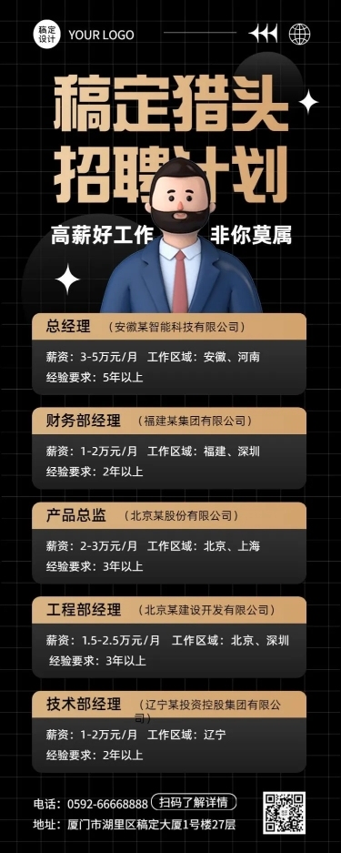 企业商务猎头咨询招聘岗位介绍资讯长图海报