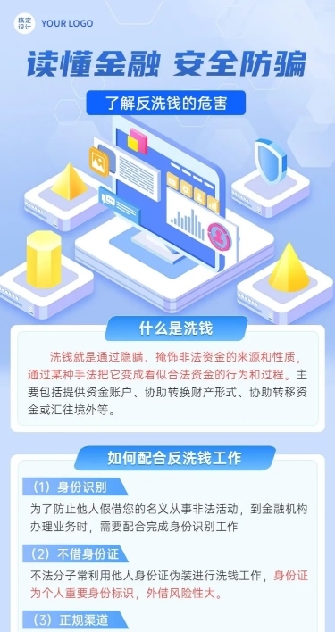 金融证券反洗钱防范诈骗知识科普安全教育2.5D轻拟物风长图海报