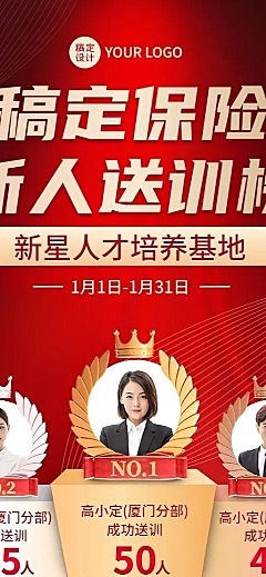 金融保险新人送训排行榜喜报喜庆长图海报