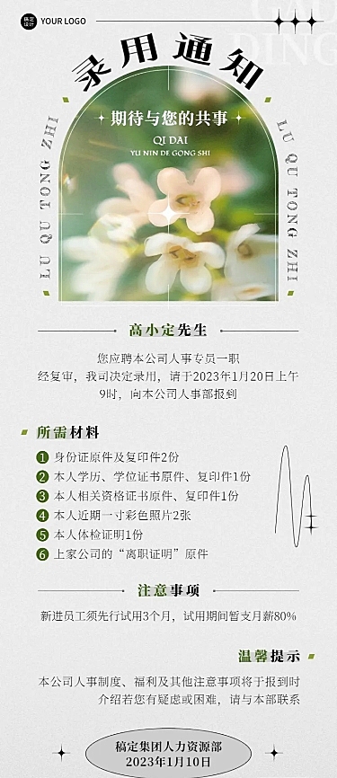 企业唯美感录用通知长图海报