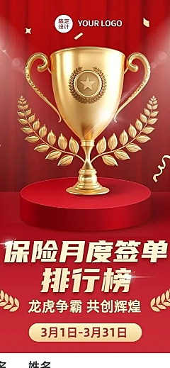 金融保险月度销售业绩排行榜喜报喜庆长图海报