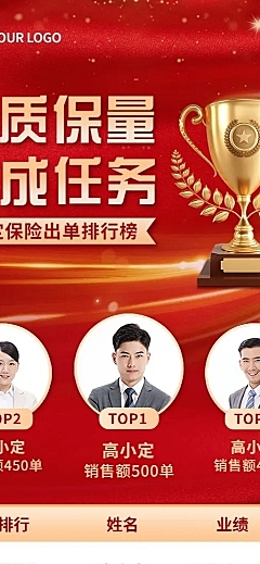 金融保险月度销售业绩排行榜喜报喜庆长图海报