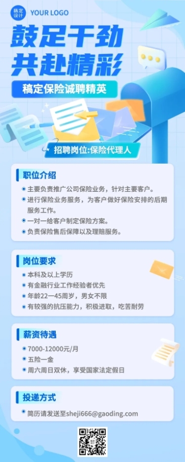 金融保险求职招聘增员招募长图海报预览效果