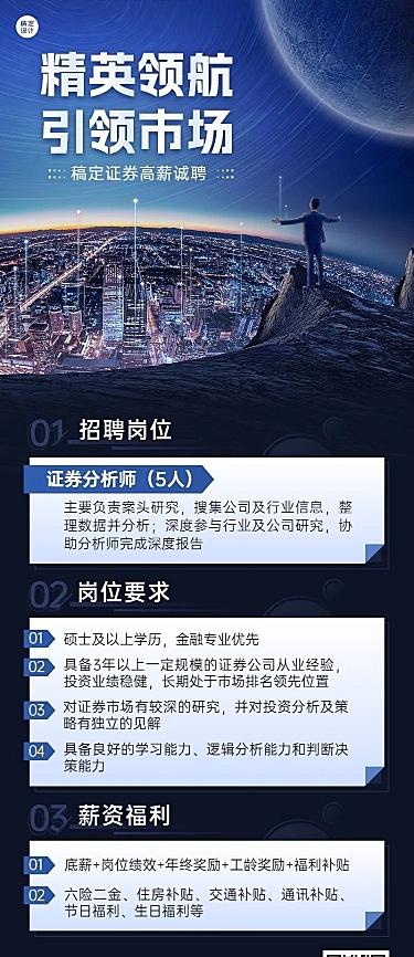 金融证券分析师求职招聘宣传商务风长图海报