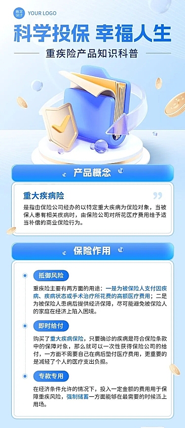 金融保险重疾险理念推广知识科普3D长图海报