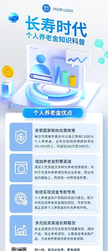 金融个人养老金知识科普行业资讯解读创意3D长图海报套装