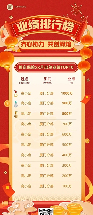 金融保险业绩出单表彰排行榜喜报喜庆插画长图海报