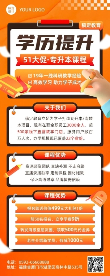 五一劳动节学历提升专升本招生促销长图海报预览效果