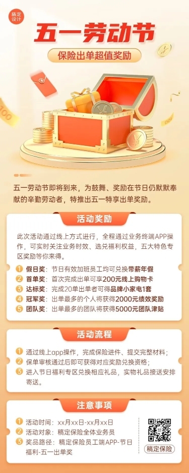 五一劳动节金融保险激励方案介绍宣传3D长图海报