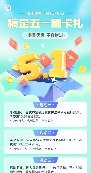 五一劳动节金融银行活动营销宣传3D长图海报