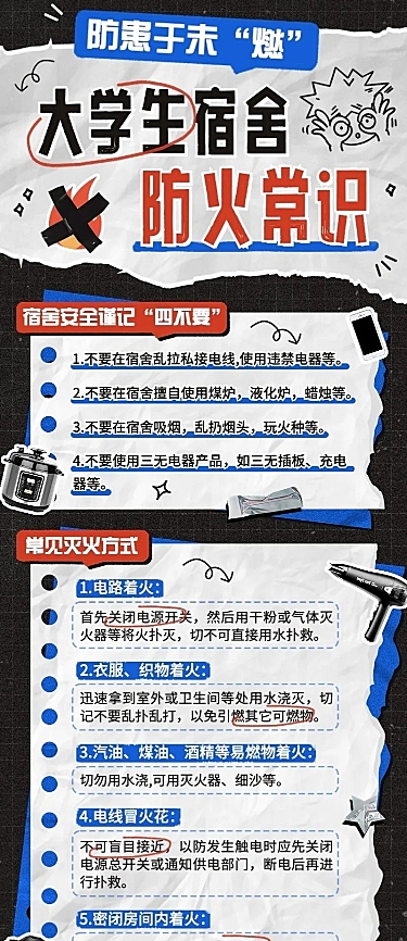 校园防火知识科普撕纸风综艺风长图海报