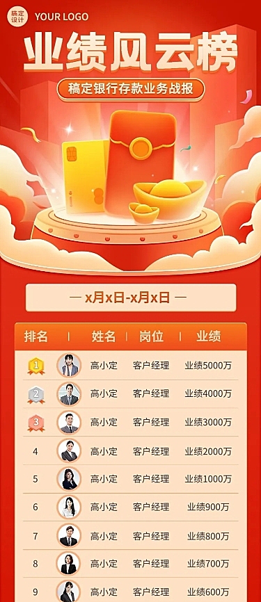 金融银行存款业绩战报排行榜喜庆插画长图海报套装