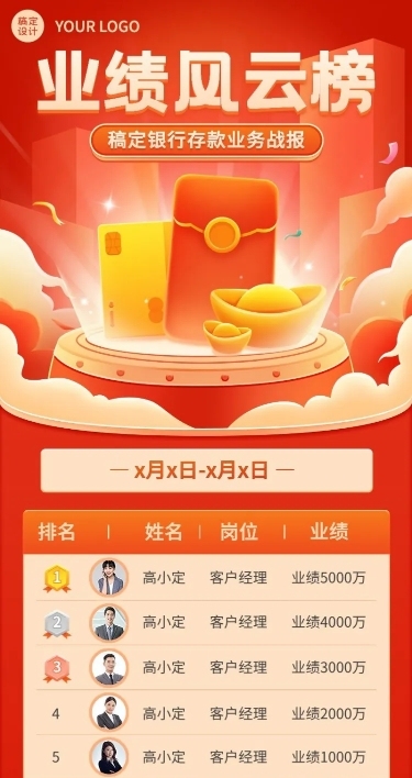 金融银行存款业绩战报排行榜喜庆插画长图海报套装