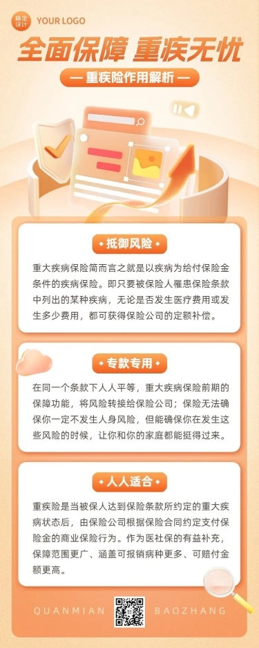 金融重疾保险产品知识科普理念推广轻拟物风长图海报套装