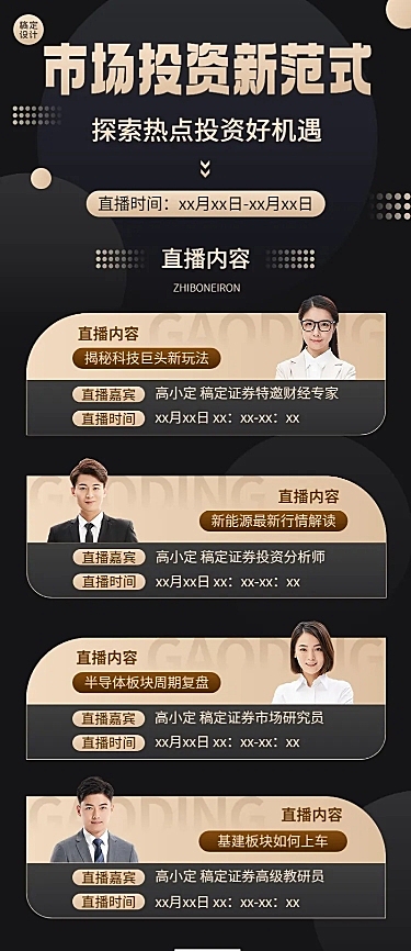 金融证券投资热点多人直播预告黑金风长图海报套装