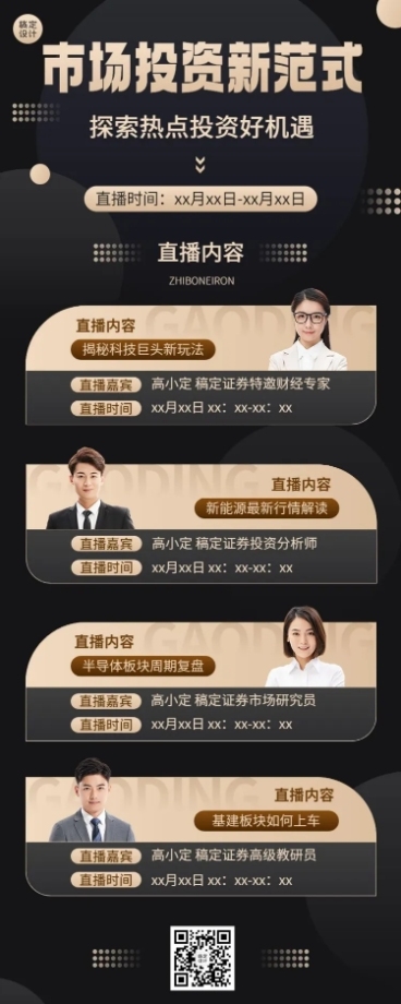 金融证券投资热点多人直播预告黑金风长图海报套装预览效果