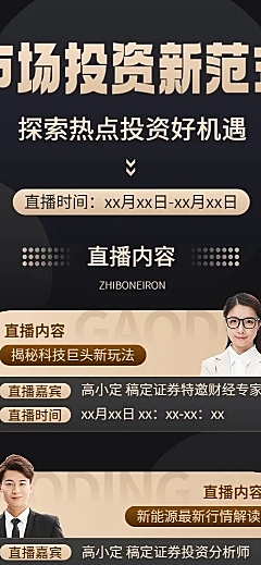 金融证券投资热点多人直播预告黑金风长图海报套装