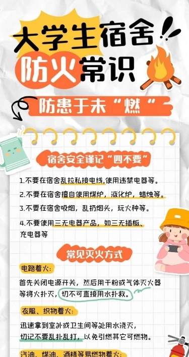 开学季宿舍防火消防知识科普长图海报