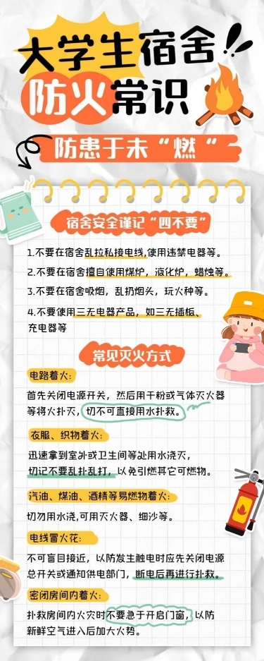 开学季宿舍防火消防知识科普长图海报