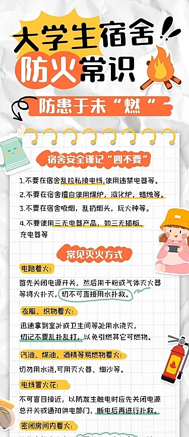 开学季宿舍防火消防知识科普长图海报