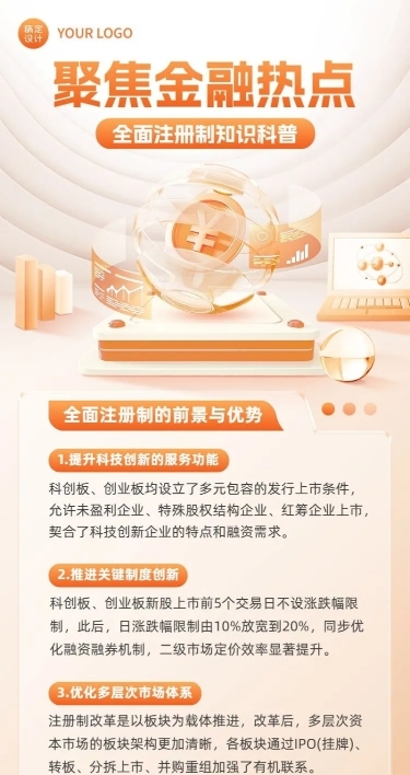 金融热点全面注册制改革知识科普创意3D长图海报套装