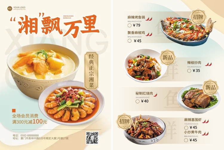餐饮中餐湘菜菜单DM传单预览效果