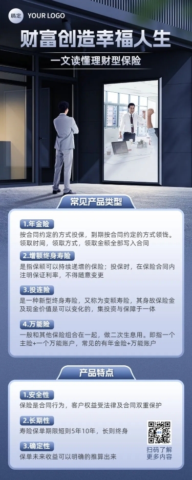 金融理财保险产品介绍知识科普商务风长图海报套装