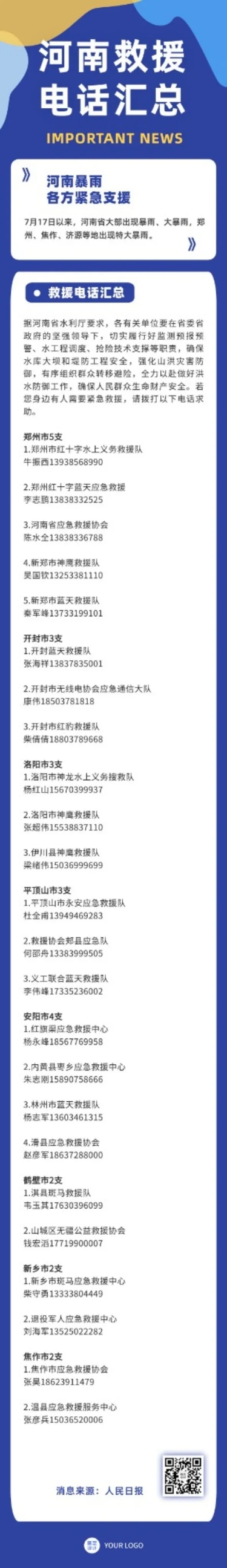 点击进入编辑 暴雨救援热线汇总文章长图预览效果