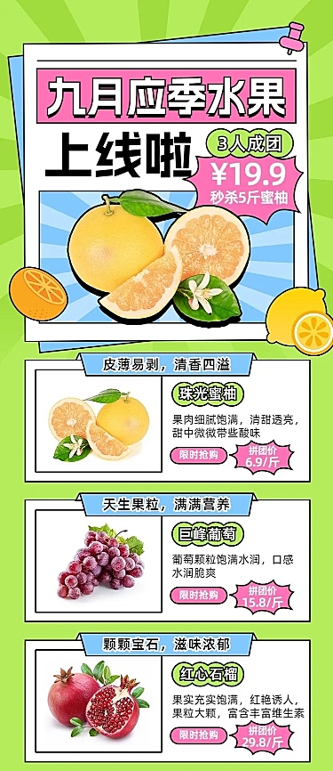 9月应季水果生鲜团购团长拼团营销长图海报描边扁平插画