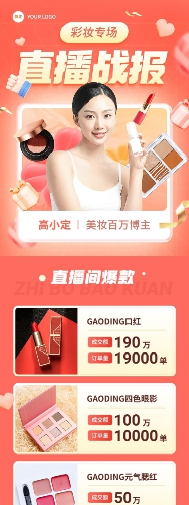 美妆直播销售战报业绩喜报文章长图