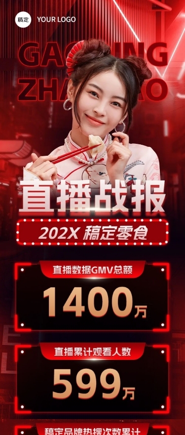 零食直播销售战报业绩喜报文章长图光感净透玻璃风
