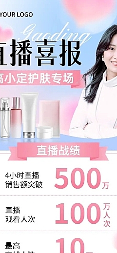美妆化妆品直播战报销量业绩喜报长图海报