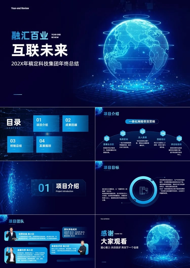 点击进入编辑 企业年终互联网项目汇报总结科技感PPT套装预览效果