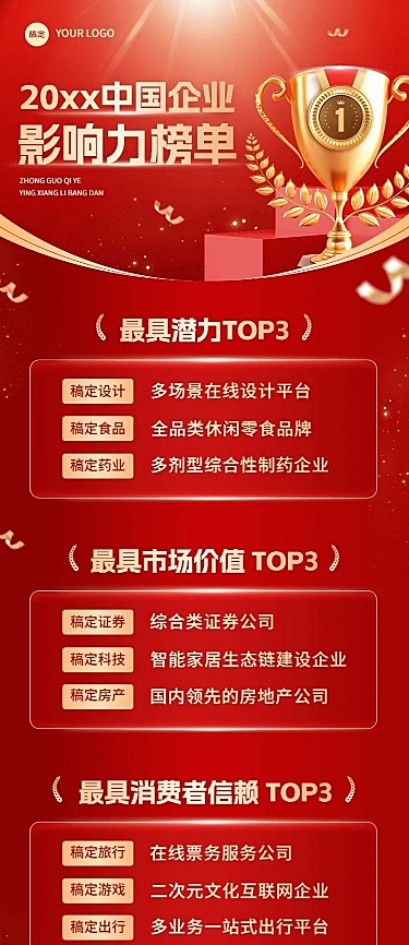 企业年终各行业排行榜红金风长图海报